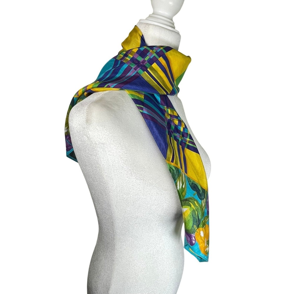 Echo Vintage Silk Blend Square Scarf Plaid Fruit Border Multicolor Made in Japan - Picture 3 of 13